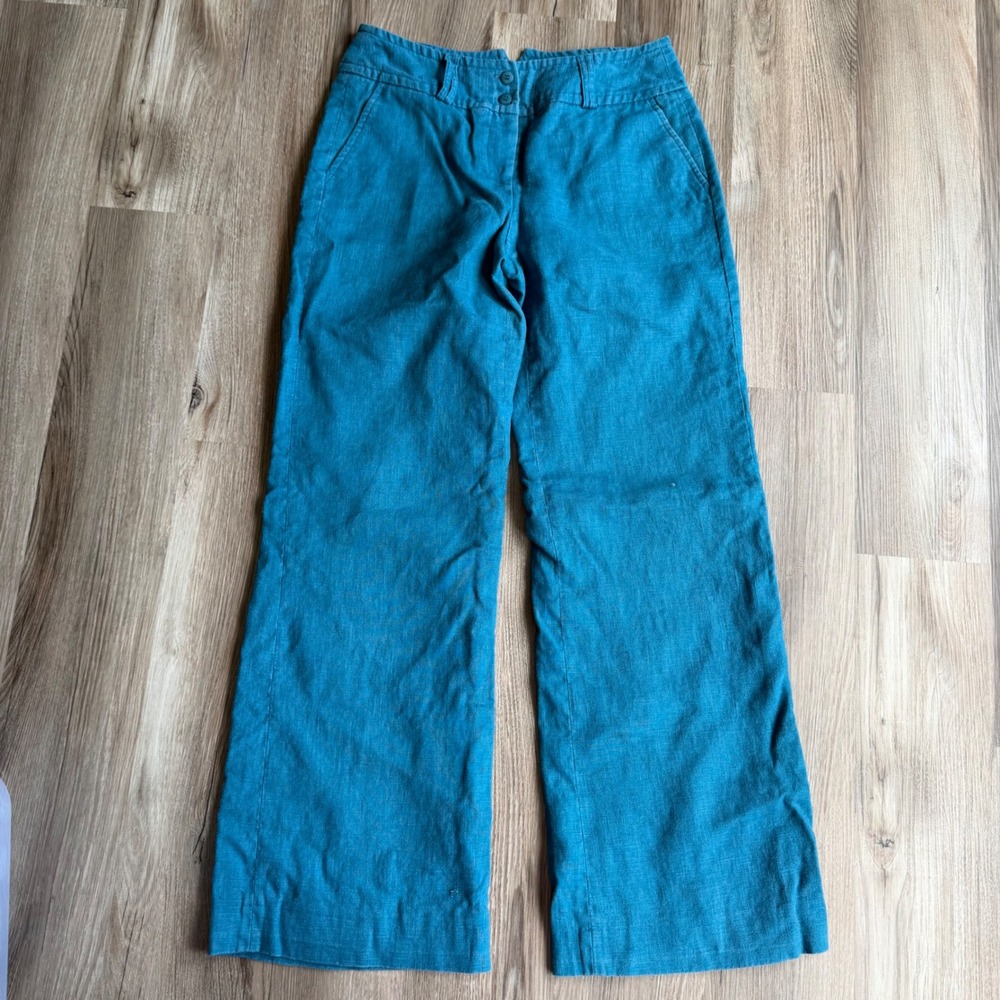 Vintage Harve Benard Teal Blue 100% Linen Wide Leg Lined Trousers Pants Size 6